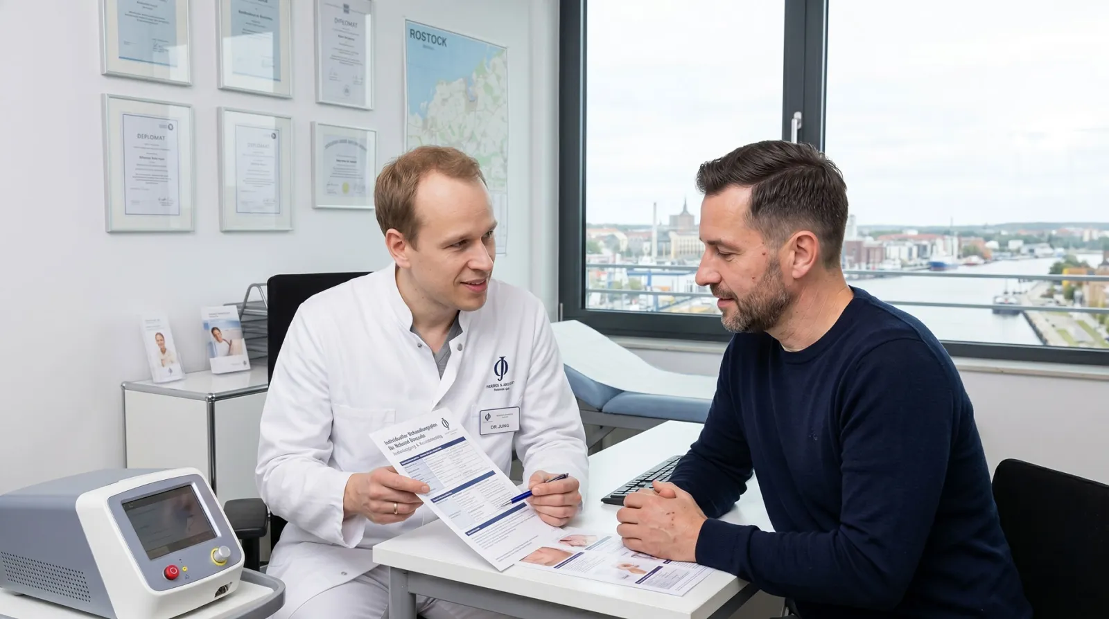 Persönliche Beratung in der Ästhetik-Praxis Dr. Dr. Ole Jung in Schwerin: Facharzt im Patientengespräch